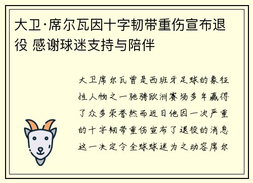 大卫·席尔瓦因十字韧带重伤宣布退役 感谢球迷支持与陪伴 大卫·席尔瓦因十字韧带重伤宣布退役 感谢球迷支持与陪伴